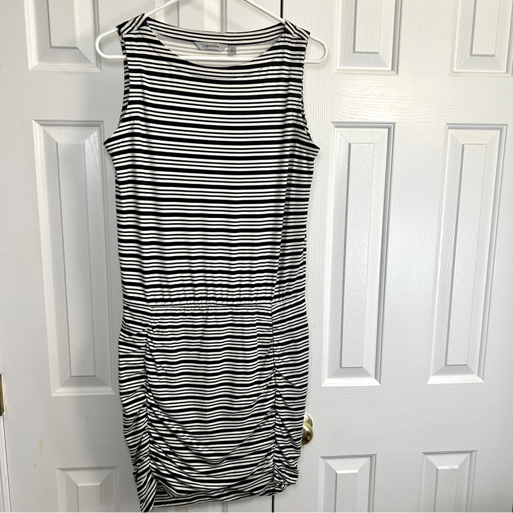 Athleta Black White Stripe Athleisure Dress with Ruched Skirt Size Small Petite